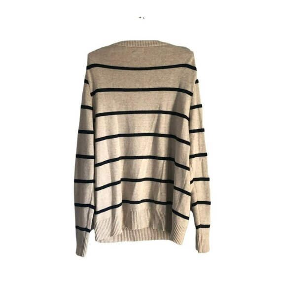 J Crew Mens Beige Navy Stripe Crewneck Long Sleeve Pullover Sweater Wool Blend L - Picture 5 of 6